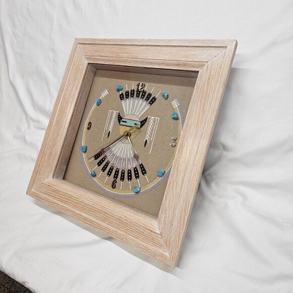 Navajo Sand Art painting Clock hand crafted w/ turquoise stones framed glass - Picture 12 of 15
